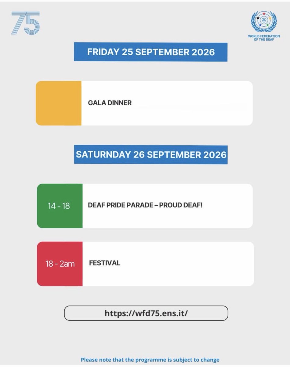 Programma ufficiale WFD75 con Deaf Pride Parade e Festival del 26 settembre 2026 a Roma