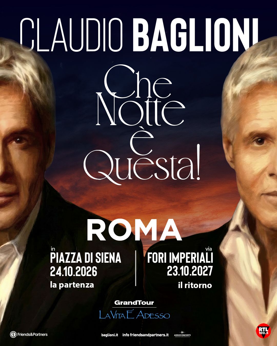 Claudio Baglioni a Roma 2026: date e biglietti a Piazza di Siena