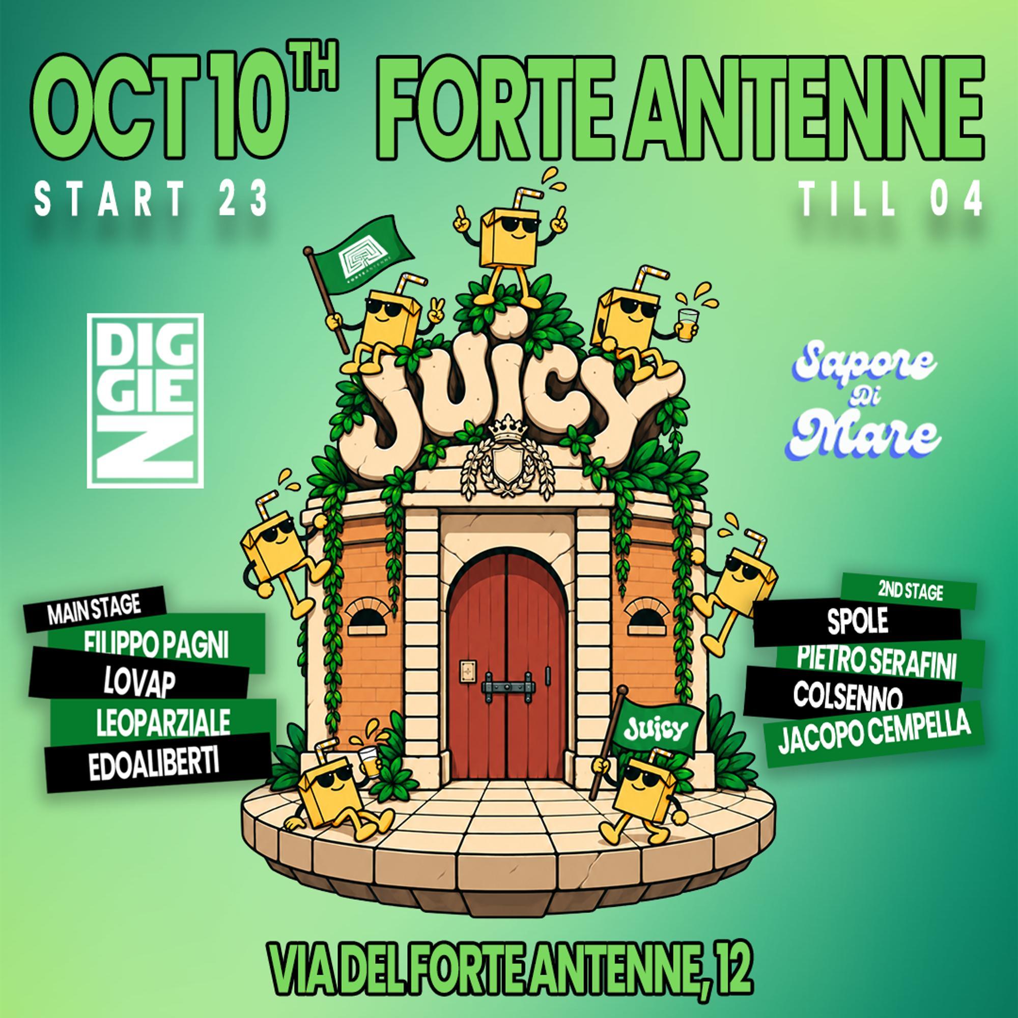 Locandina ufficiale Juicy 2nd Anniversary a Forte Antenne il 10 ottobre 2026