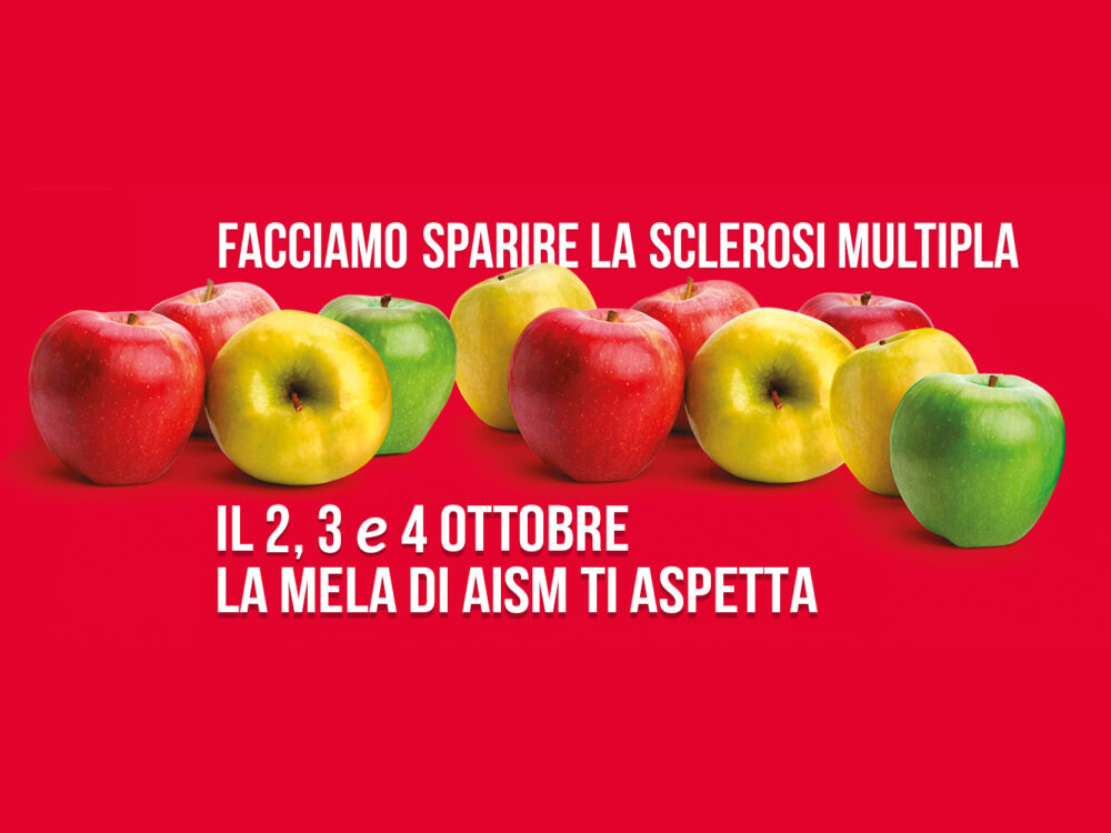 Immagine ufficiale La Mela di AISM 2026 con mele rosse gialle e verdi